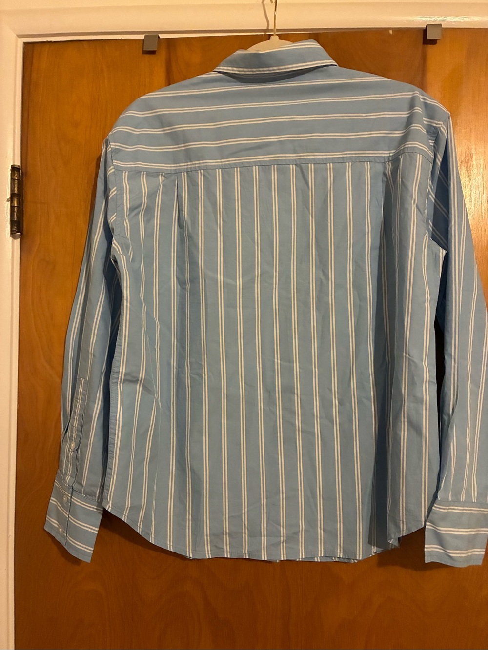 New Quince Cotton Poplin Long Sleeve Boyfriend Shirt Delta Blue Double Stripe - Picture 5 of 7